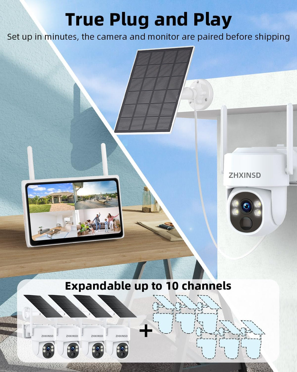 Solar Security Cameras Wireless Outdoor, 4MP FHD Battery Powered Home Security Camera System with 10' Monitor, 4-Cam kit, 360° View, Full Color Night Vision, Motion Detection, Work with Alexa