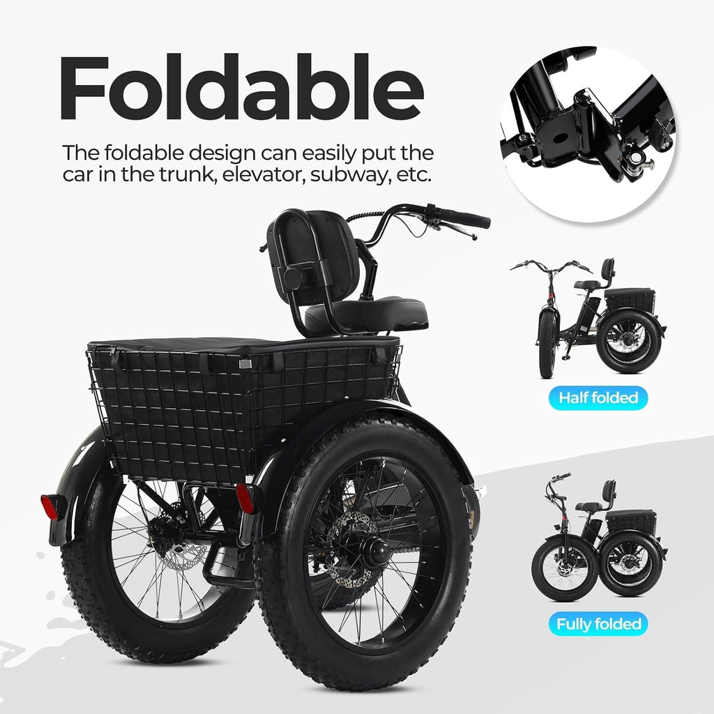 Geemax Electric Tricycle for Adults, 20' x 4.0 Fat Tire Electric Trike, Peak 750W 25MPH 36V 13Ah Lithium Battery UL Certified, Premium 80% Assembled Foldable 3 Wheel Electric Bicycle