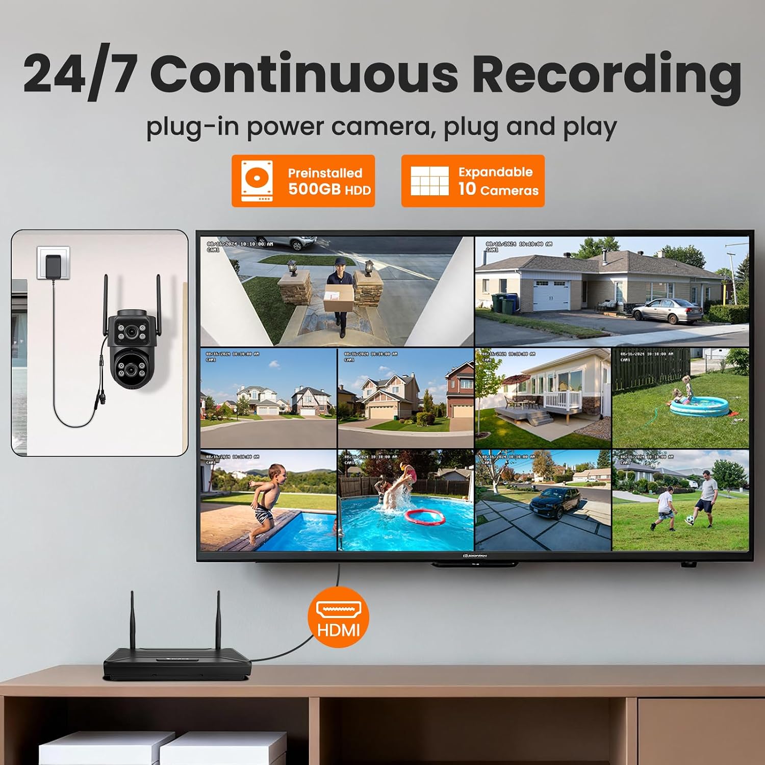 Dual Lens Wireless Security System, 4PCS 2-in-1 Cameras, 4K 10CH NVR, 500GB HDD, 24/7 Recording, WiFi 6 Mesh Long Range, No Subscription, AI Tracking, IP66 Waterproof for Home Office Outdoor