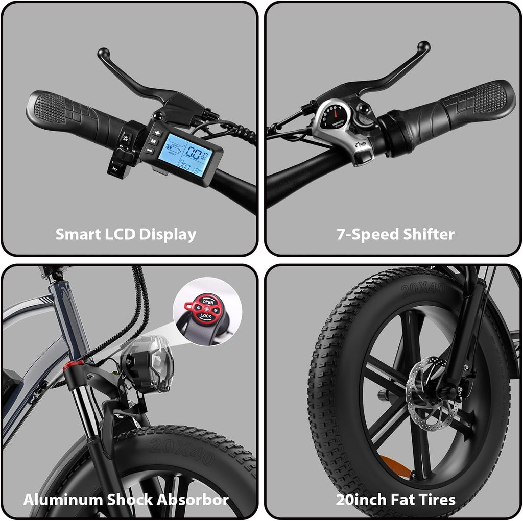 Hipatoo Electric Bike for Adults, 48V-13AH Removable Battery, 38 Miles Range Electric Bicycle with 20 Inch Fat Tire E-Bike for Commuting Ebike