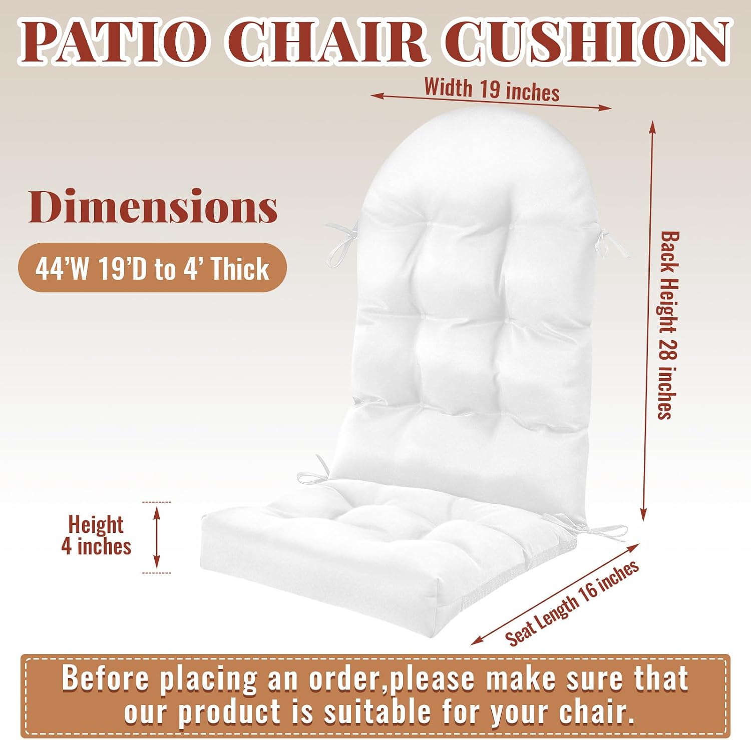 Geelin 6 Pcs Outdoor Patio Chair Cushion Thick High Back Adirondack Chair Cushion Tufted Weather & Fade Resistant Anti-Slip Outside Rocking Chairs Pads with Ties, 44 x 19 x 4 Inch (White)