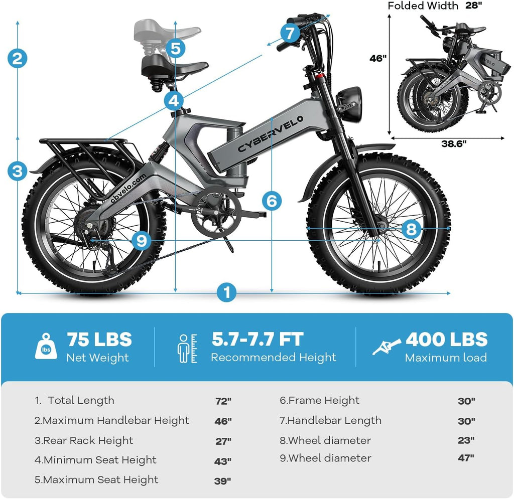 1000W(Peak 2000W)Folding Electric Bike for Adults,35MPH 100Mile,48V 25Ah Removable Battery,20' x 4.0 Fat Tire Foldable Electric Bicycle,8-Speed Electric Mountain E-Bike,UL Certified Commuter Ebikes