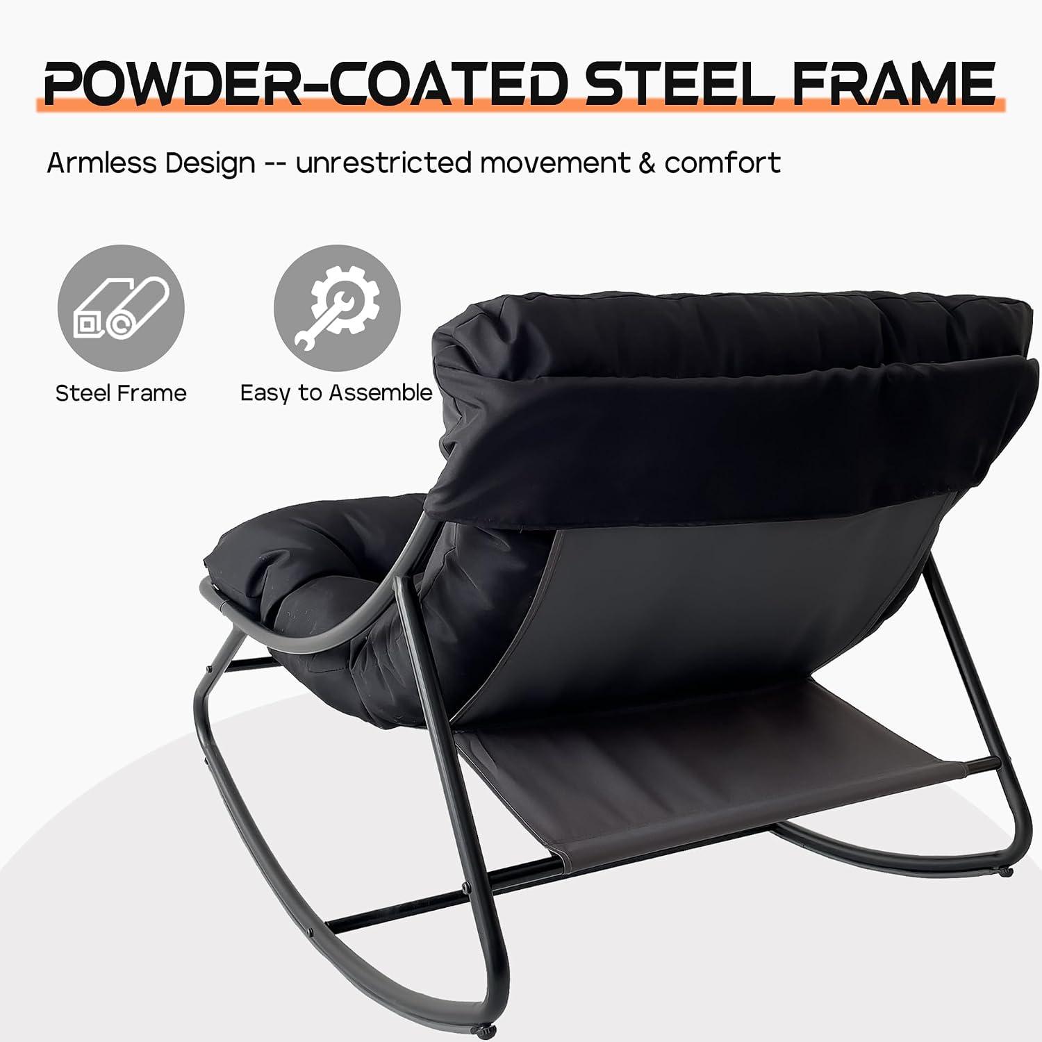 Outdoor Papasan Rocking Chair with Cushion, Oversized Rocking Chair with Ottoman, Modern Cozy Lounge Rocker Chair, Comfy Egg Chairs for Indoor Balcony Porch Patio, Black