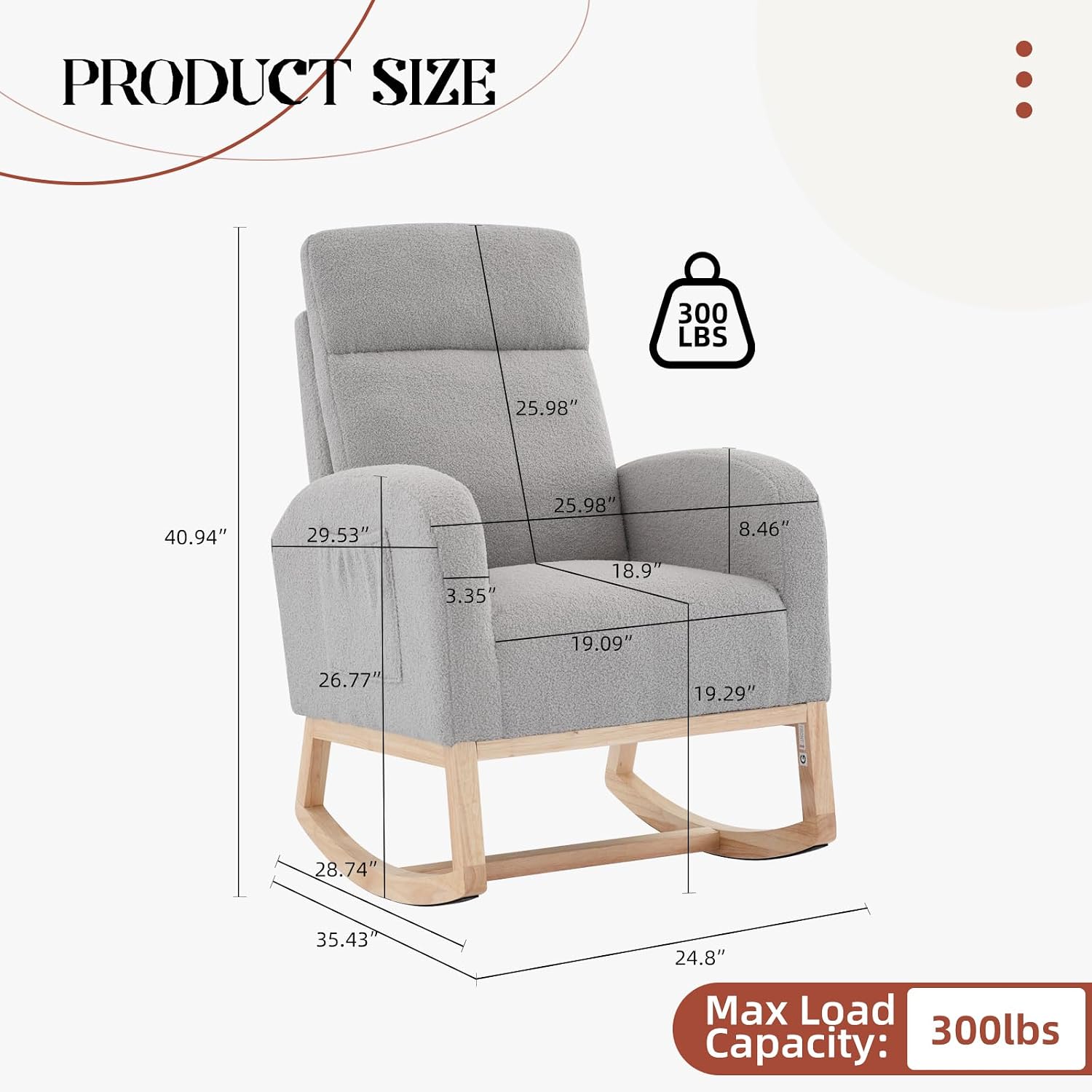 Nursery Rocking Chair, Comfy Modern Glider Rocking Chair with High Backrest and Armrest, Teddy Upholstered Rocking Accent Chair with Side Pockets for Living Room, Bedroom, Office,Gray
