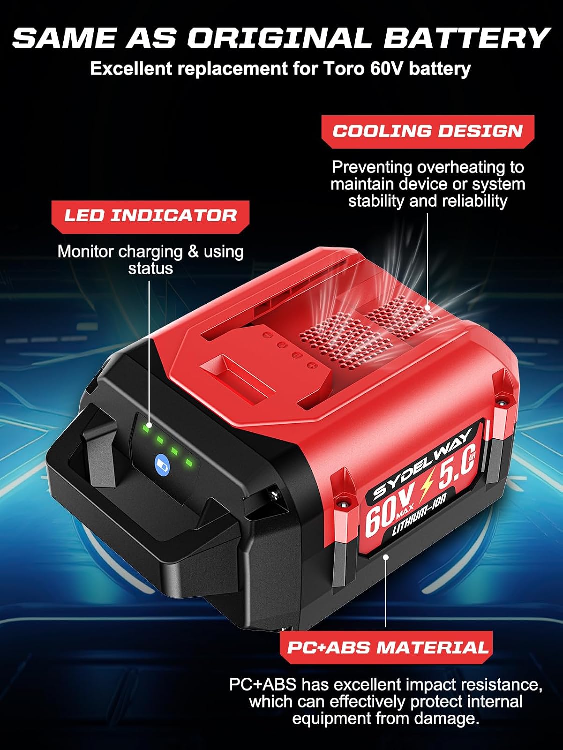 5.0Ah Replacement for Toro 60V Battery 88620 88675 L108 L324 L135, Compatible with Toro Flex Force 60 Volt Power System Tools & Chargers 88602 88605 88610, with 4 LED On Board Power Meter