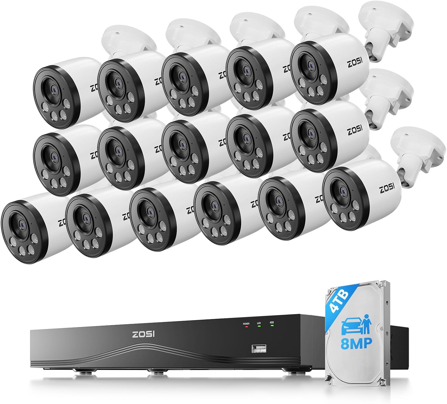 ZOSI 16CH 4K PoE Security Camera System,Person Vehicle Detection,People Counting,One-Way Audio,100ft Night Vision,16pcs 8MP Outdoor Indoor Cameras,16Port 32-Channel NVR with 4TB HDD for 24/7 Recording