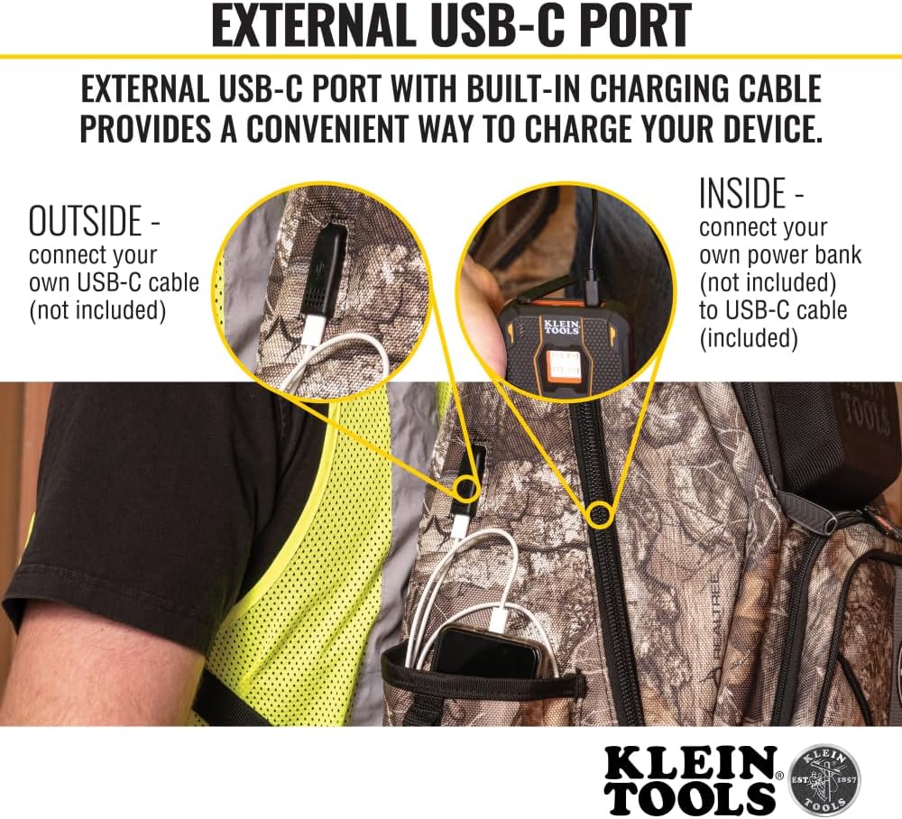Klein Tools 62800BPCAMO Backpack Tool Bag, Tradesman Pro Extra-Large 40-Pocket Jobsite Camo Tool Backpack with Molded Bottom, Charging Port