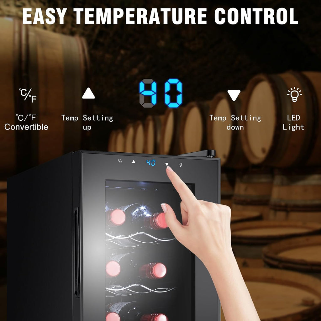 12 Bottle Wine Cooler, Mini Fridge for Red and White, Small Freestanding Refrigerator with 40-66F Digital Temperature Control Glass Door