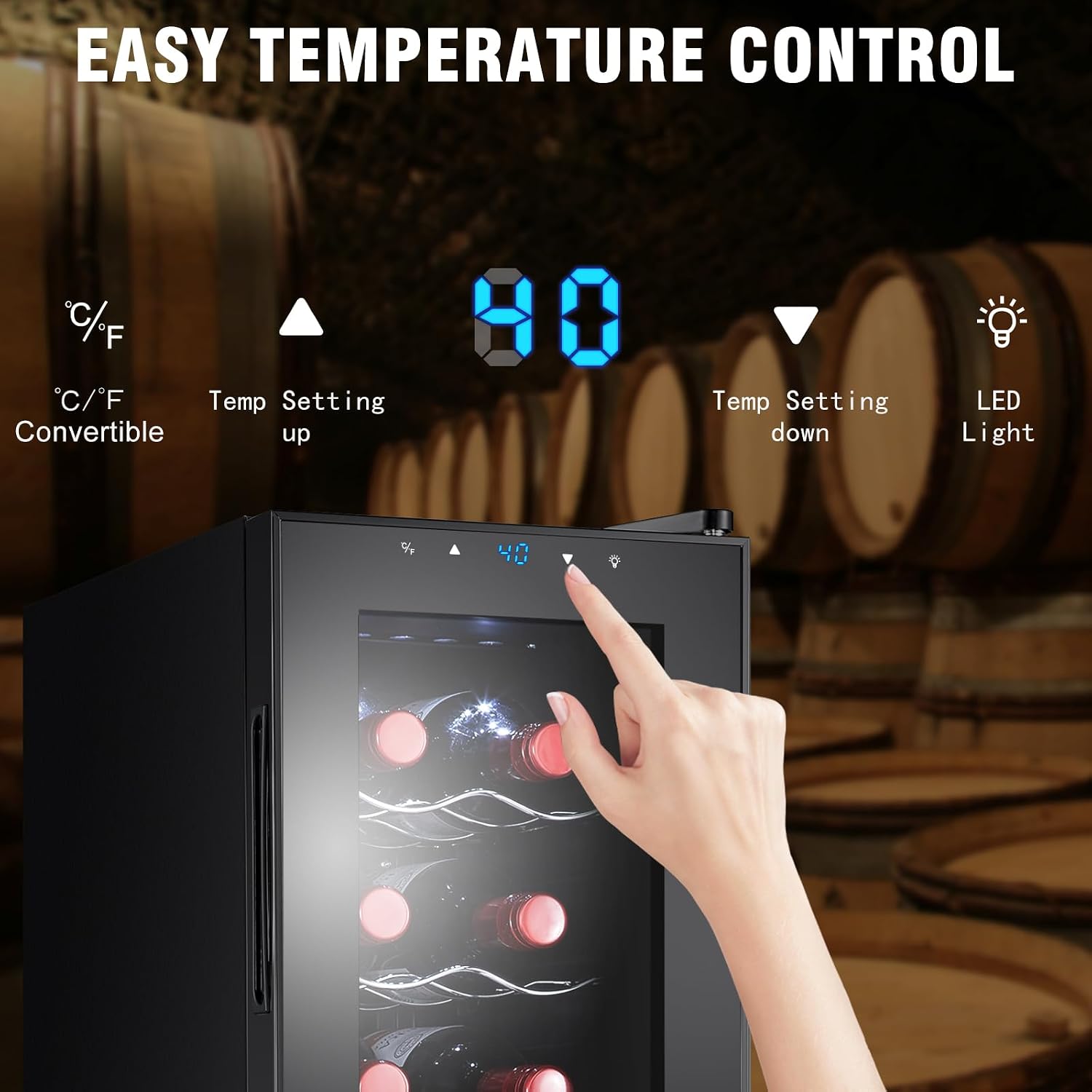 12 Bottle Wine Cooler, Mini Fridge for Red and White, Small Freestanding Refrigerator with 40-66F Digital Temperature Control Glass Door