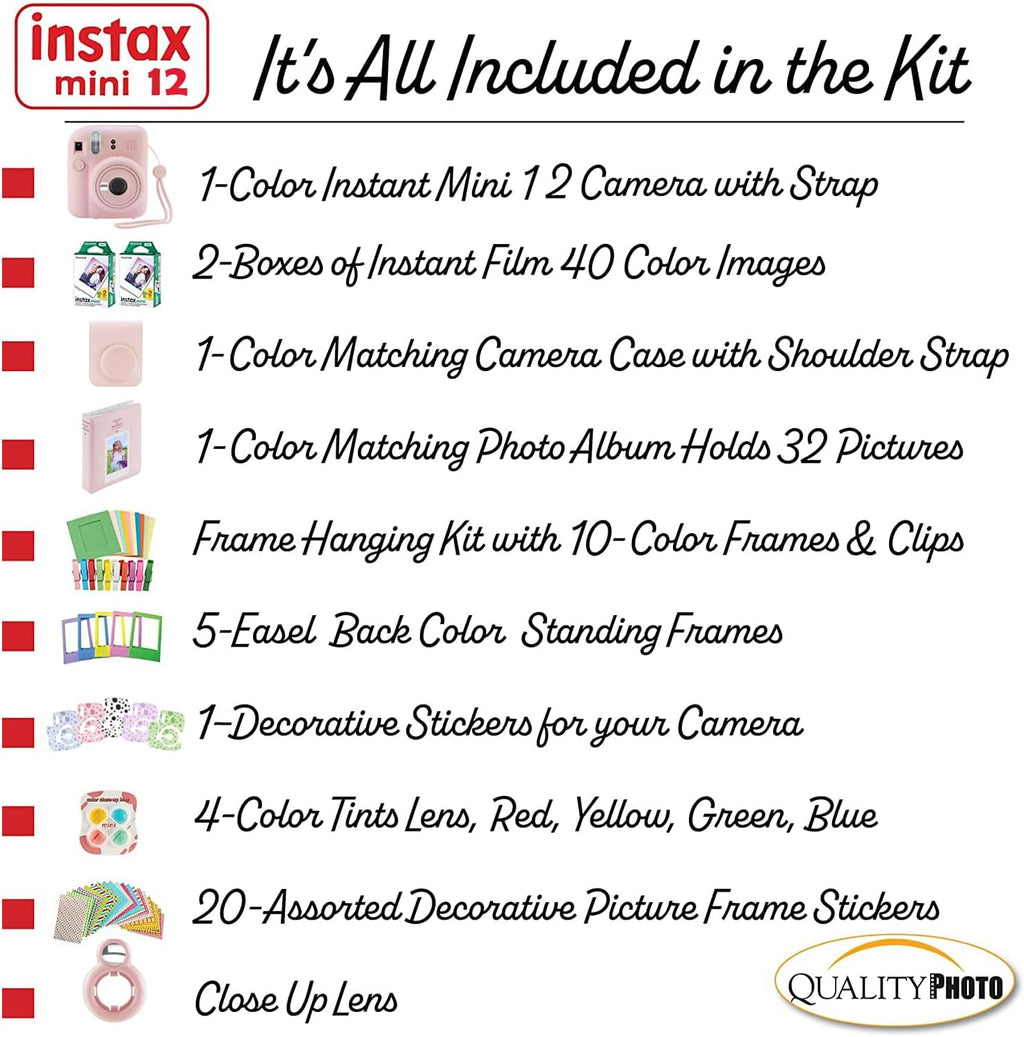 Fujifilm Instax Mini 12 Instant Camera with Case, 40 Fujilm Prints, Decoration Stickers, Frames, Photo Album and More Accessoriest (Blossom Pink)