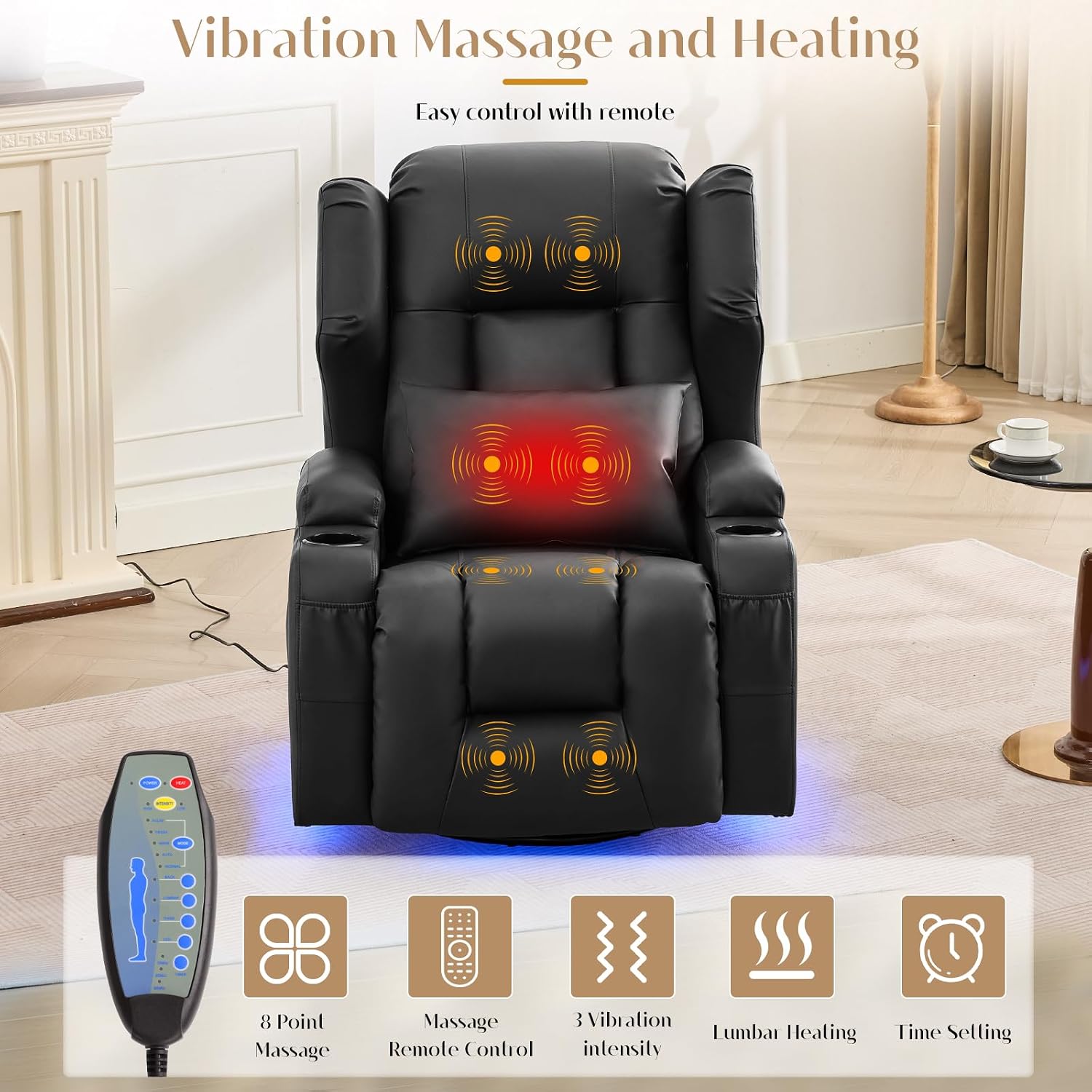 Power Swivel Rocker Recliner Chair with Massage & Heat, Dual Motor Electric Glider Rocking Recliner with USB Ports, Cup Holders & LED Light for Living Room, Home Theater (Black)