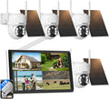 Solar Security Cameras Wireless Outdoor System, 4PCS 4MP Battery Operated Cameras, PTZ 360° View, PIR Motion Detection, Color Night Vision, IP66, 2-Way Audio, 2.4G WiFi, 10' LCD Monitor