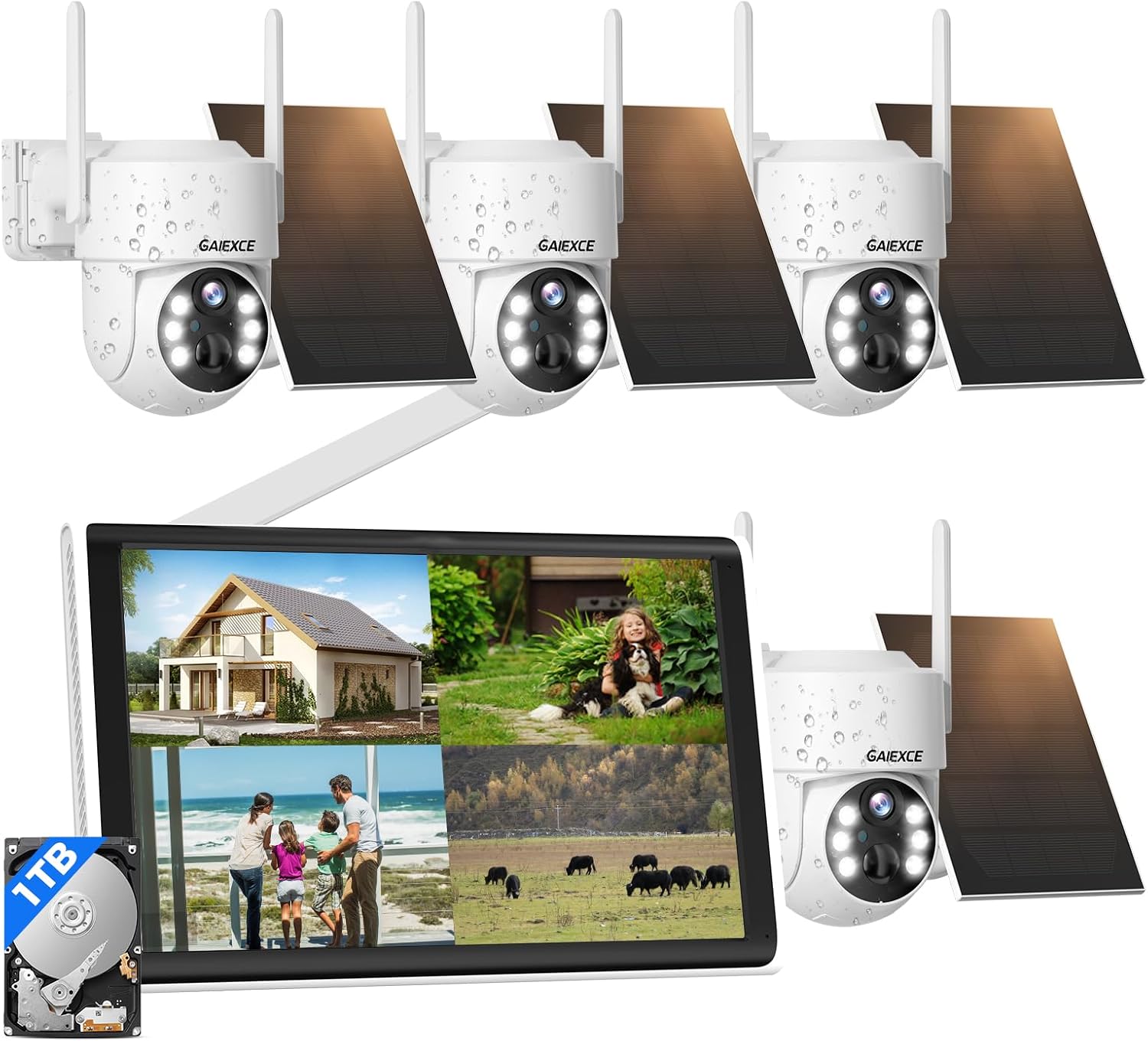 Solar Security Cameras Wireless Outdoor System, 4PCS 4MP Battery Operated Cameras, PTZ 360° View, PIR Motion Detection, Color Night Vision, IP66, 2-Way Audio, 2.4G WiFi, 10' LCD Monitor