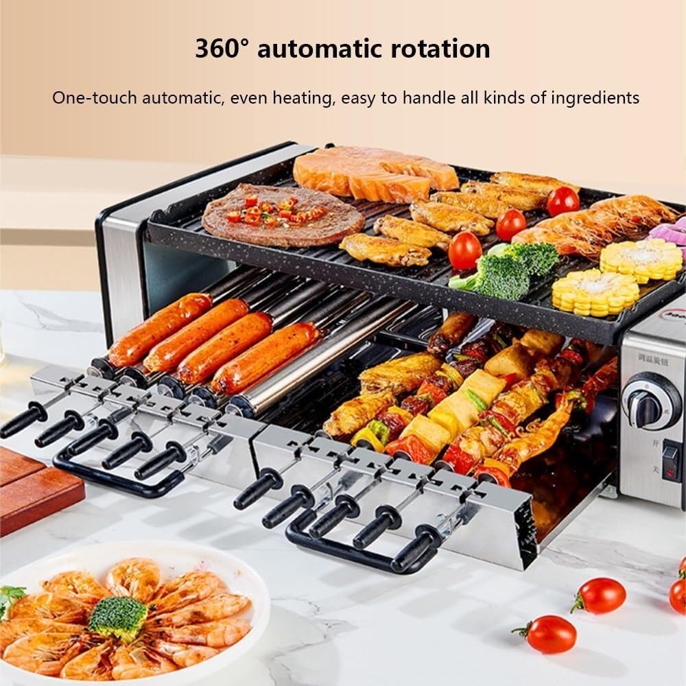 Electric Barbecue Grill, Automatic Rotating Grill Grate,Smokeless Rotary,10 Skewers Rotating Grill Grate,Double Layer Capacity,For Home,Kitchen,Outdoor Party Campfire Barbecue