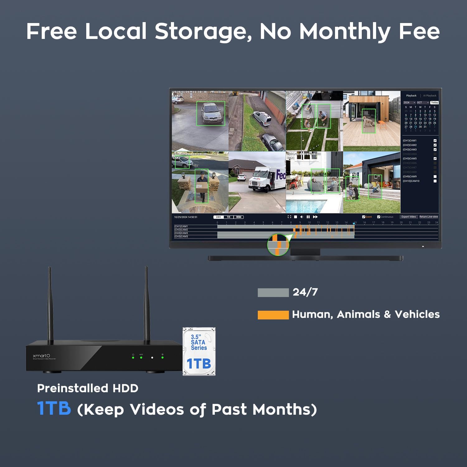 xmartO 4 Dual-Lens Wireless Camera Kit, 8-View WiFi6 Mesh Long Range Security System, 16CH 4K Dual Band NVR, 4MP 180° Static FOV & 360°PTZ AI Tracking, 24/7 Plug-in, 1TB HDD, No Monthly Fee