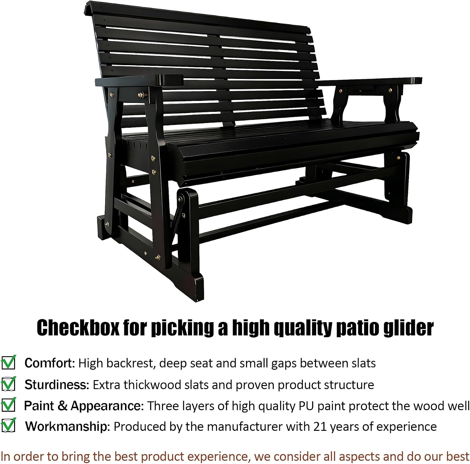 Fortune Candy Wooden Patio Glider with High Roll Back and Deep Contoured Seat, Solid Fir Wood, 2-Seater, Heavy Duty 800 LBS, 4 Ft. (Carbon Black)
