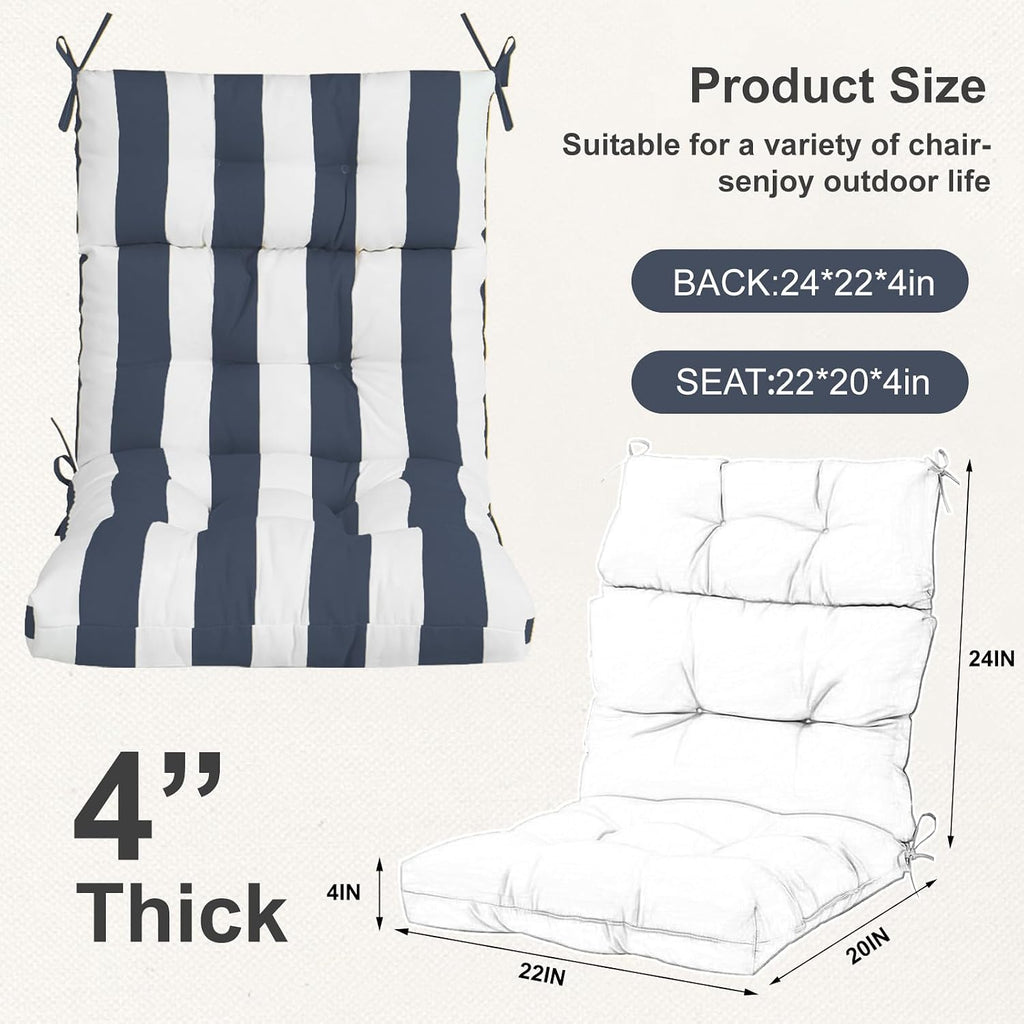 Outdoor High Back Chair Cushions 2-Pack, 44'x22'x 4' Fade-Resistant Waterproof Tufted Pads with Ties for Patio Rocking & Adirondack Chairs (Navy Blue White)