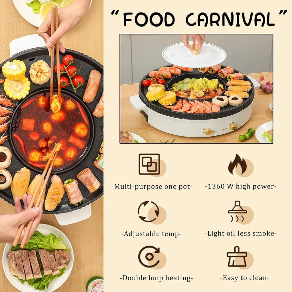 Household Electric Hot Pot with Grill, Teppanyaki Grill Pot and BBQ Pan, Independent Temperature Control, Non-stick Coating, Easy to Clean, For 3-12 People to Enjoy, 1700 W,A