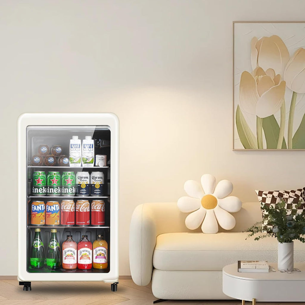 Retro Beverage Refrigerator, 3.2 Cu.Ft Mini Fridge with Glass Door, Vintage Freestanding Drink Cooler for Office, Bar, Home, Adjustable Shelving, Adjustable Thermostat (White)