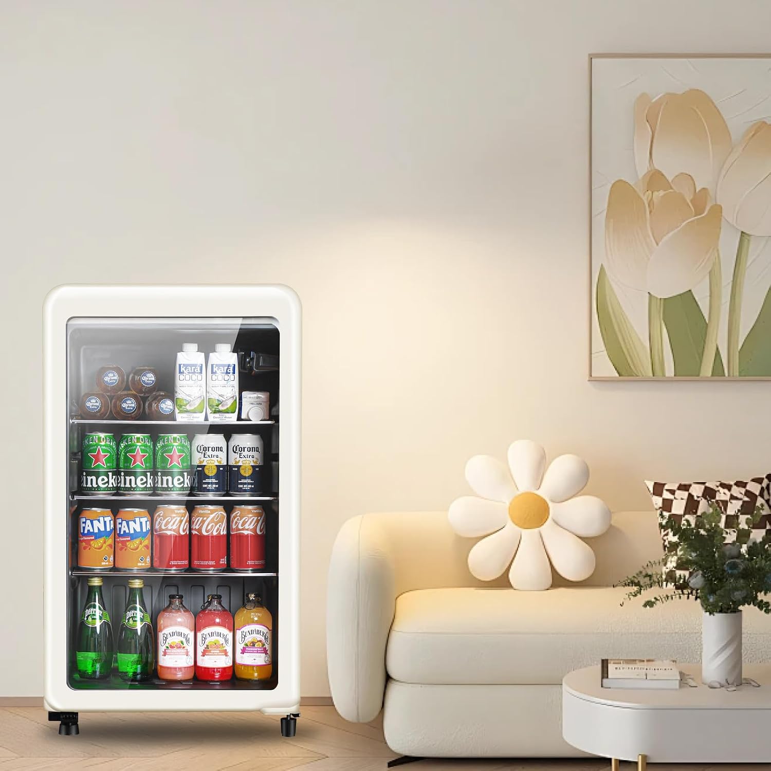 Retro Beverage Refrigerator, 3.2 Cu.Ft Mini Fridge with Glass Door, Vintage Freestanding Drink Cooler for Office, Bar, Home, Adjustable Shelving, Adjustable Thermostat (White)