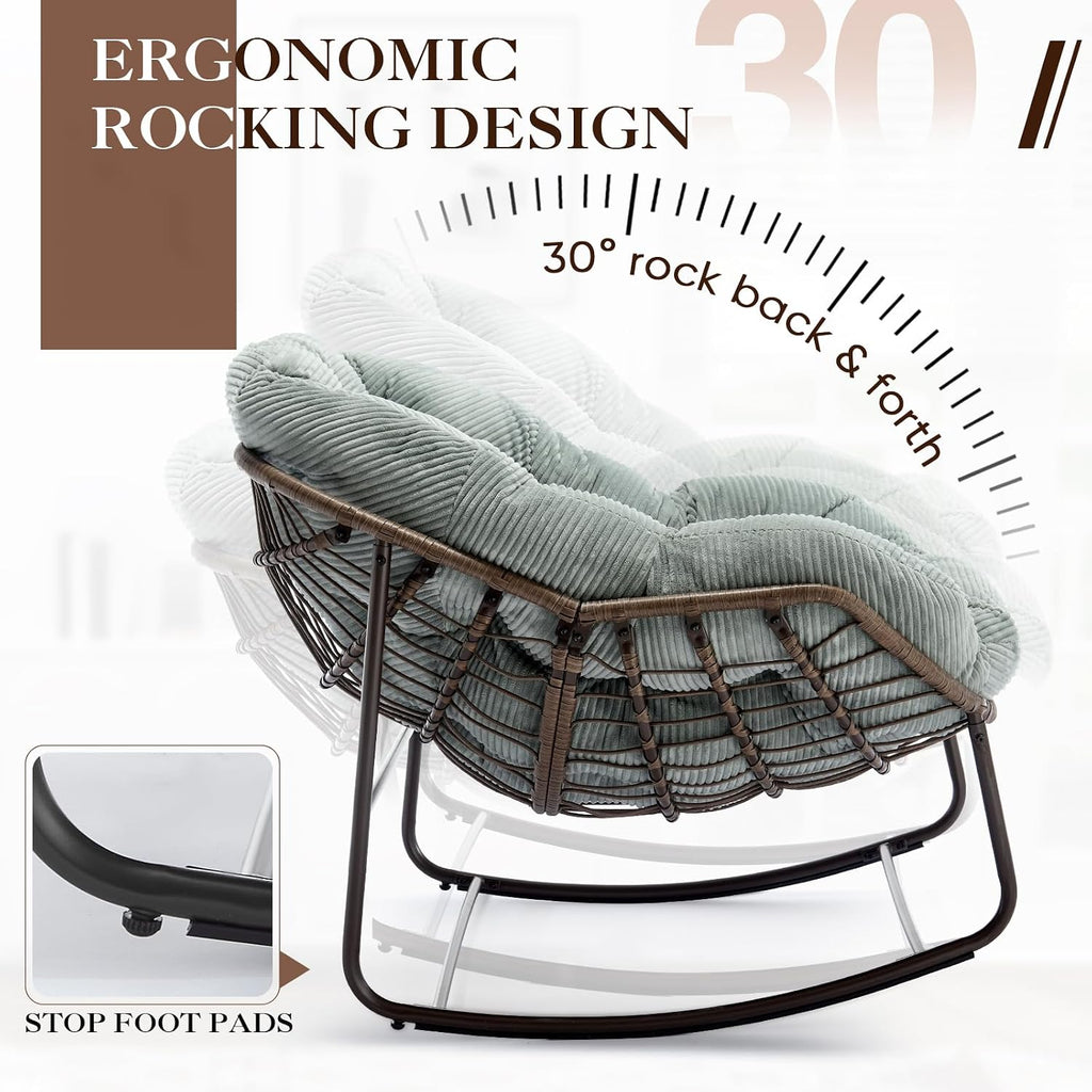 Oversized Indoor/Outdoor Corduroy Rocking Papasan Chair, Modern Egg-Shaped Design with Thick Memory Foam Cushion, Green