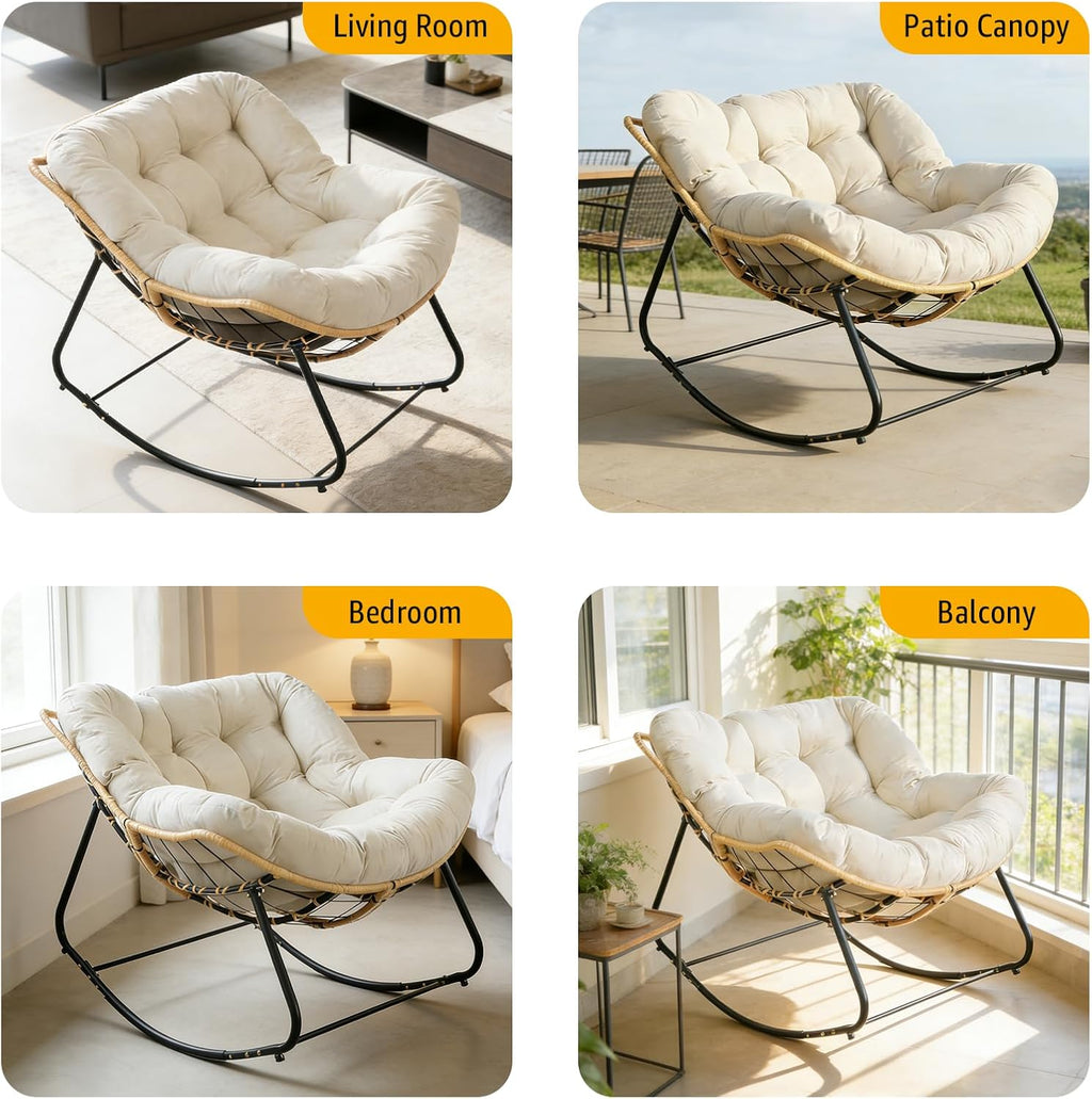 Outdoor Egg Rocking Chair, Patio Rocker Chair with Thick Cushion, Comfy Wicker Reading Lounge Chair Indoor Cozy Rocking Chairs for Patio, Balcony, Porch (Fabric, White, Modern)