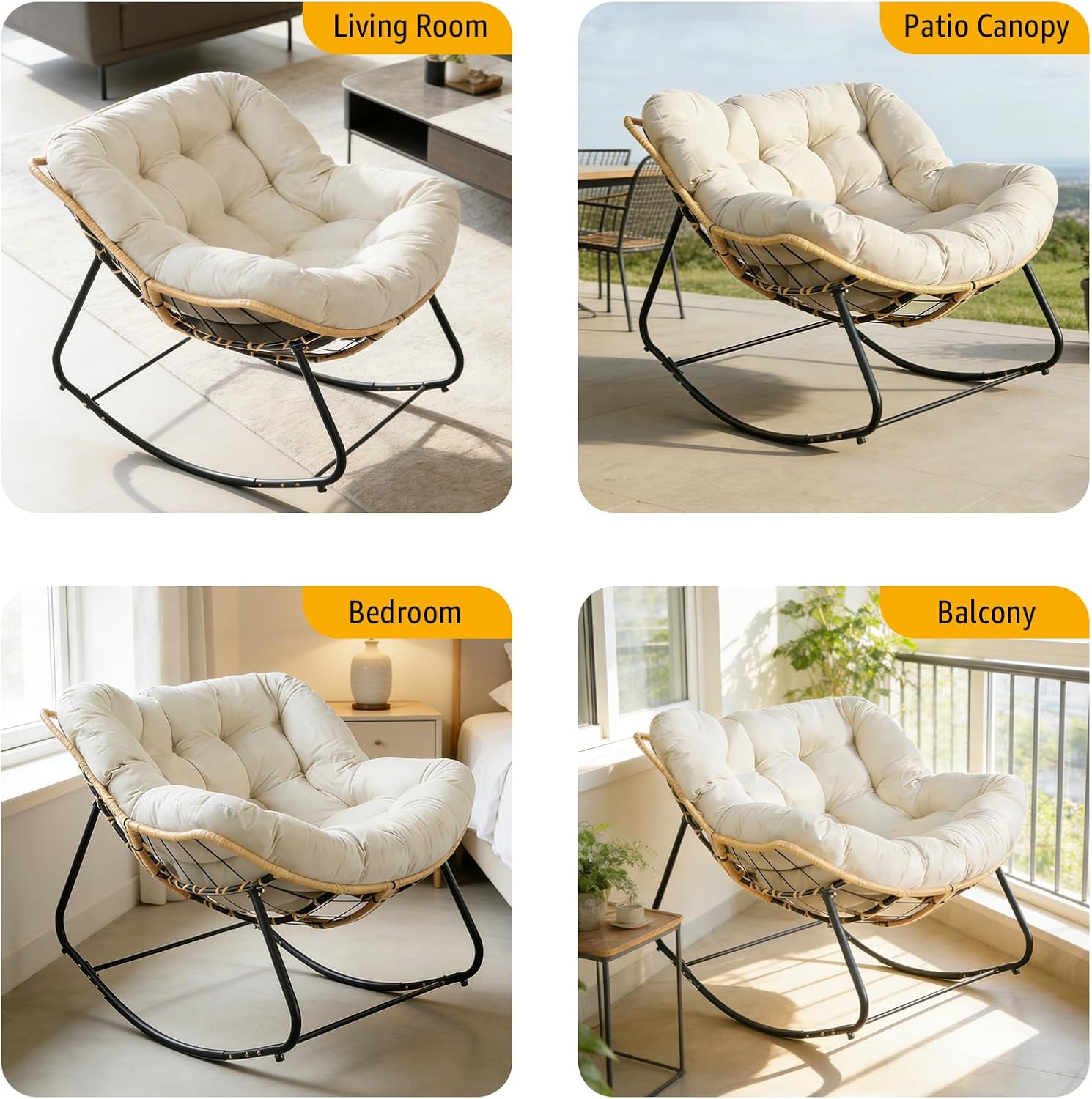 Outdoor Egg Rocking Chair, Patio Rocker Chair with Thick Cushion, Comfy Wicker Reading Lounge Chair Indoor Cozy Rocking Chairs for Patio, Balcony, Porch (Fabric, White, Modern)