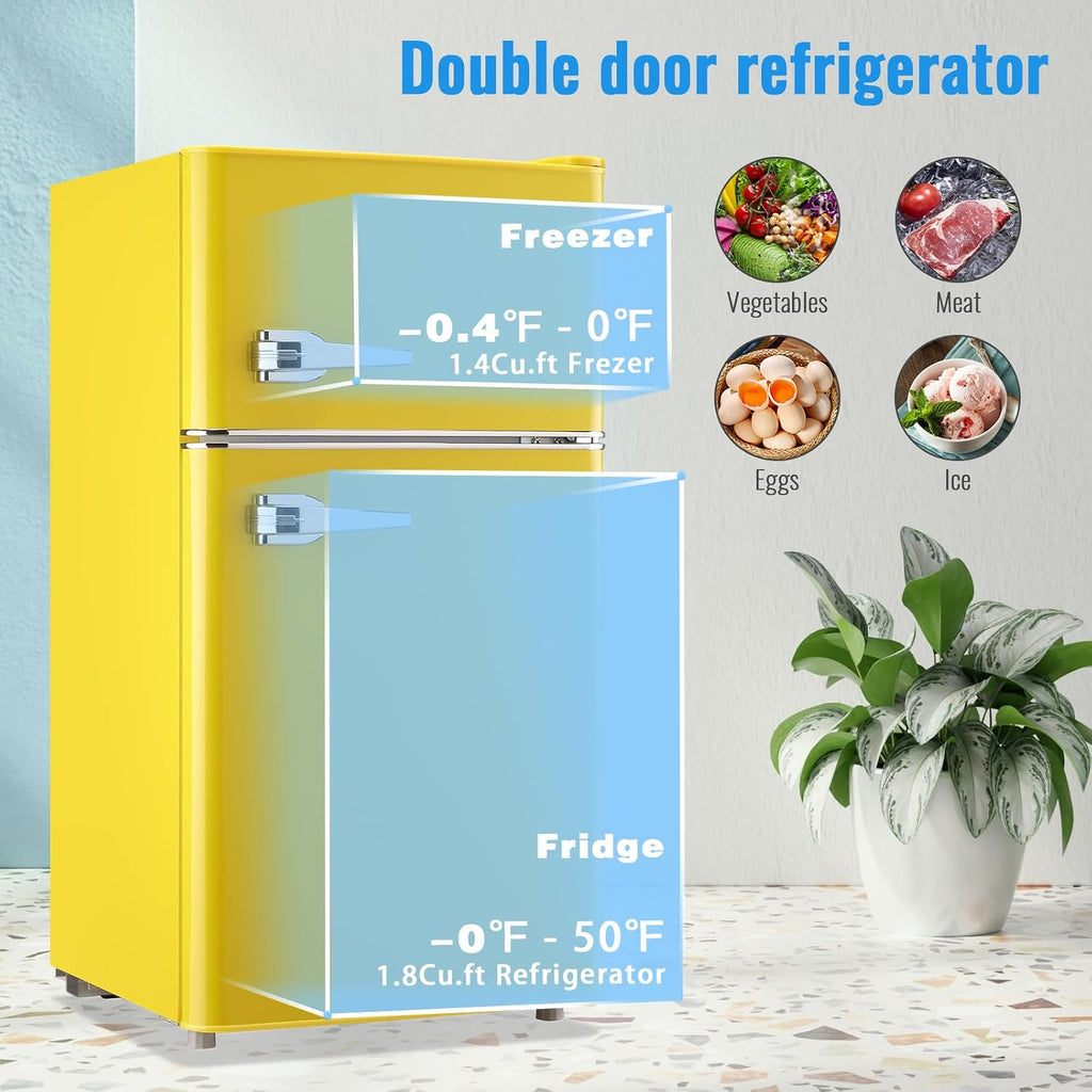 WANAI 3.5 Cu.Ft Mini Fridge with Freezer Small Retro Dual Door Refrigerator Freestanding Compact Refrigerator with Freezer 2 Door Mini Fridge for Bedroom, Dorm, Office, Cream, Yellow