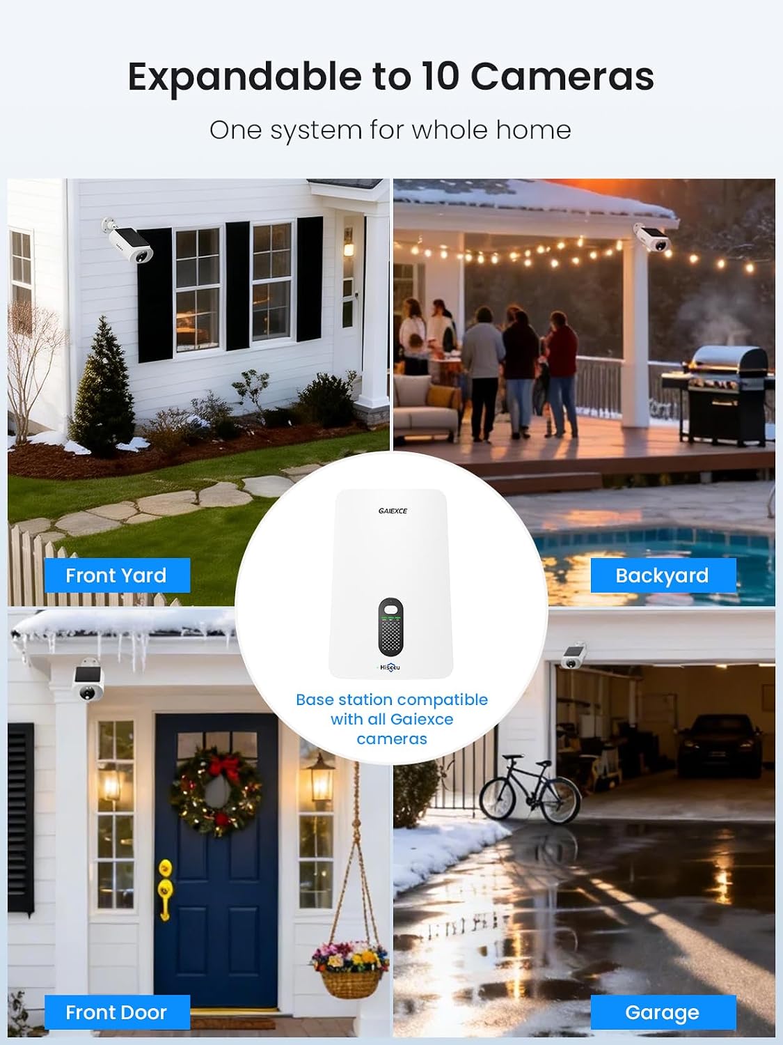 Solar Security Cameras Wireless Outdoor 4 Cam Kit Expadable to 10H, No Subscription Cameras for Home Security System, 64G Local Storage, 2.4G &5G WiFi, 2K Color Night Vision Two-Way Audio IP66
