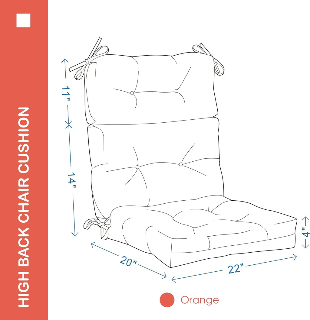 Outdoor Indoor High Back Chair Cushions Set of 4,Waterproof All-Weather Patio Adirondack Rocking Chair Cushions,Seat Back Chair Cushion for Outdoor Furniture with Ties,45x22 Inch, Orange