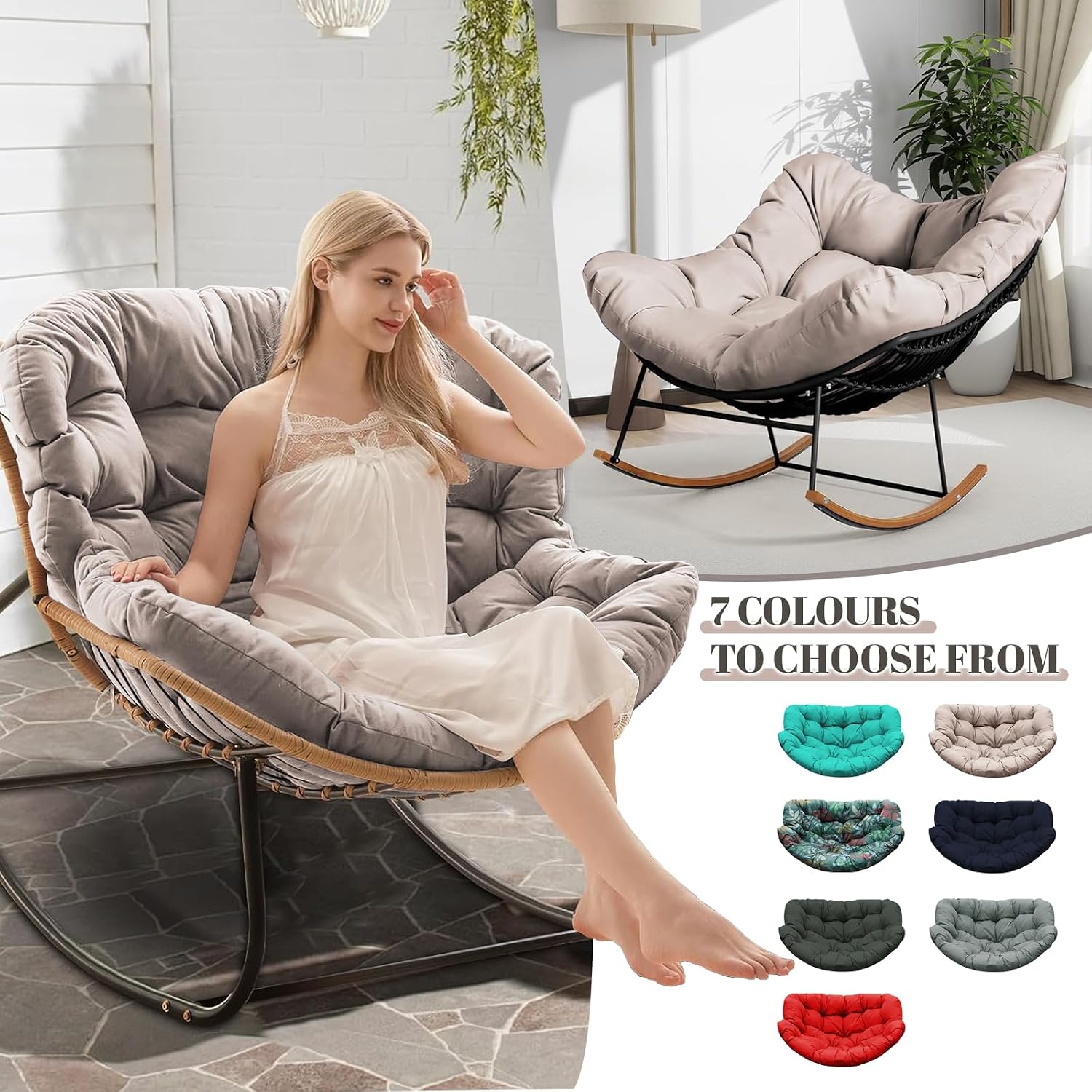 Outdoor Rocking Chair Cushions Replacement, 6''Thick Waterproof & Fade Resistant Papasan Chair Cushion with 6 Straps,Tufted Egg Chair Cushion for Indoor & Outdoor (Khaki)