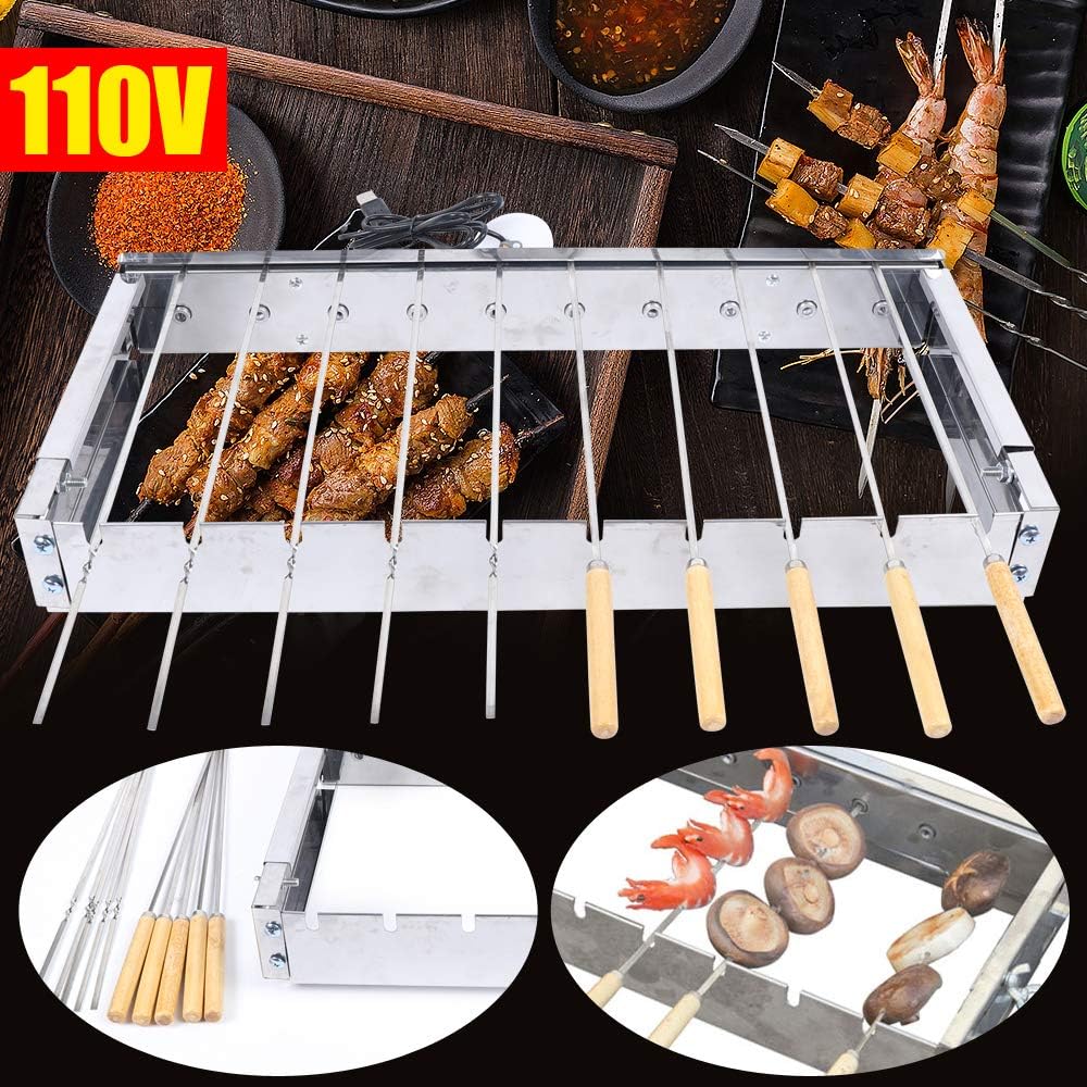 Stainless Steel Electric Skewer Barbecue Turner, Automatic and Electric Rotating Kabob Grill with 10pcs Skewers, Adjustable Width, Kebab Machine for Outdoor Family Events