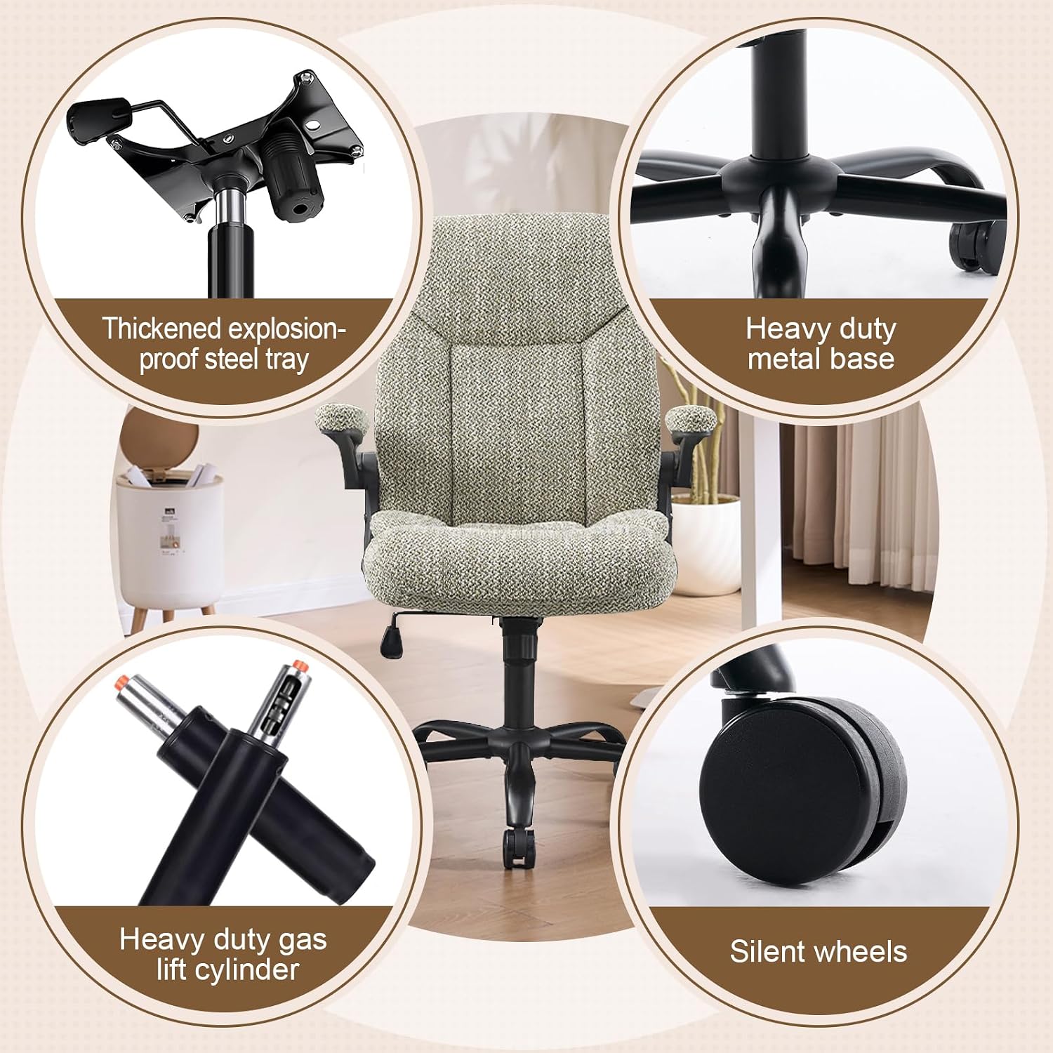 Cloth Office Chair Adjustable Desk Chair Mid Back Executive Comfortable Fabric Ergonomic Back Support Home Computer Chair with Padded Flip-up Armrest Swivel Wheels, Small Gaming Chair | LightGreen