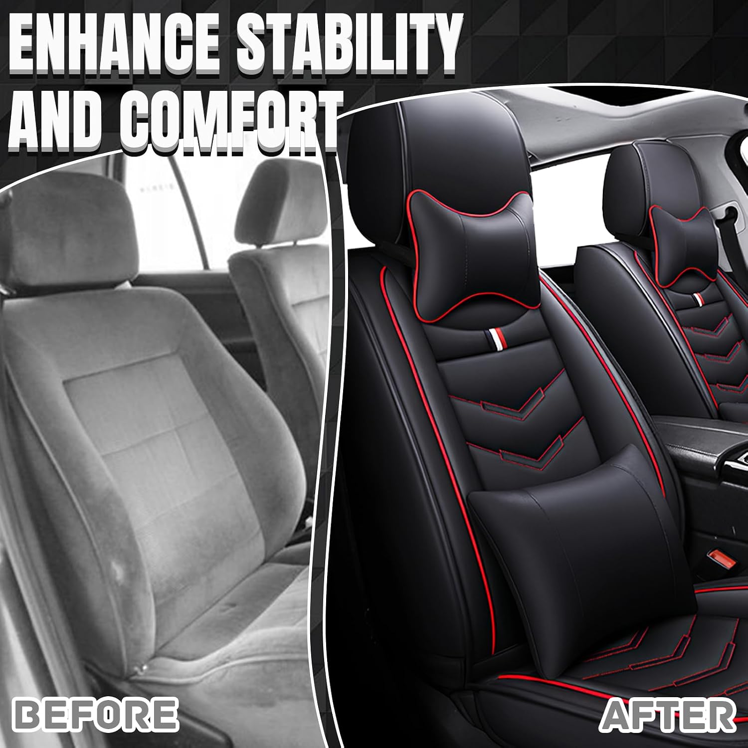 Car Seat Covers Fit for Hyundai Santa Fe 2003-2026, Leather Seat Covers for Car, Waterproof Non-Slip Durable Car Seat Protector(2 Seats with Pillow,Black Red)