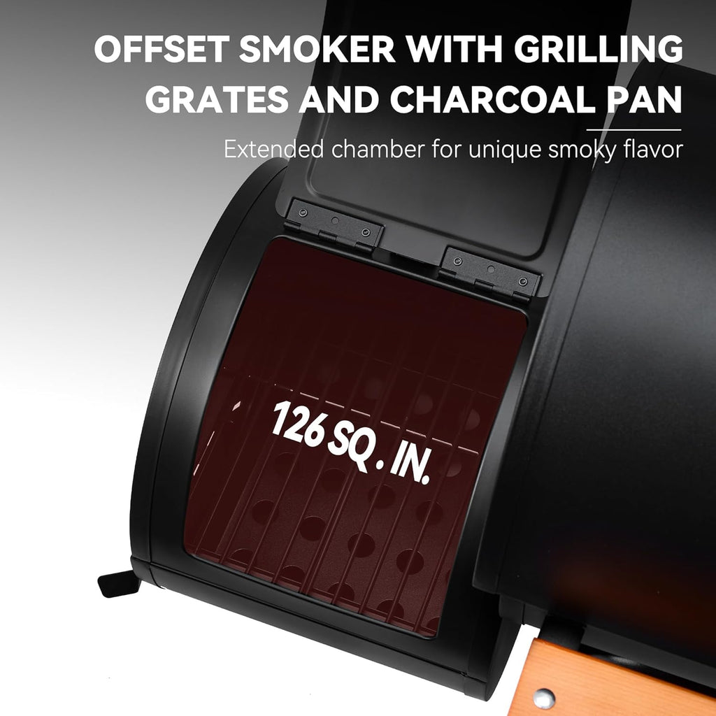 Royal Gourmet CC1624W Barrel Charcoal Grill with Offset Smoker, 552 Sq. In. Cooking Area, Wooden Front and Side Shelf with Hooks, Mesh Bottom Shelf, Charcoal Grill for Outdoor Grilling, Black