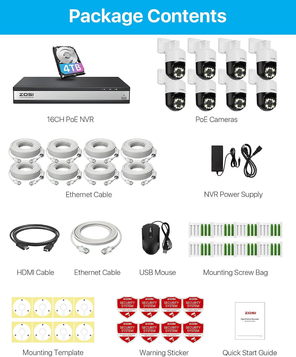 ZOSI 16 Channel 4K PoE Security Camera System with AI Face Person Vehicle Detection, 8 x 5MP 3K Outdoor Auto Tracking PT PoE IP Camera with Floodlights and 5X Digital Zoom, 4TB HDD for 24/7 Recording