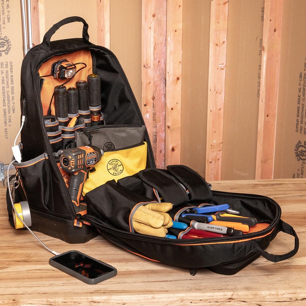 Klein Tools 62800BP Backpack Tool Bag, Tradesman Pro Extra-Large 40-Pocket Electrician Jobsite Backpack with Molded Bottom, Charging Port