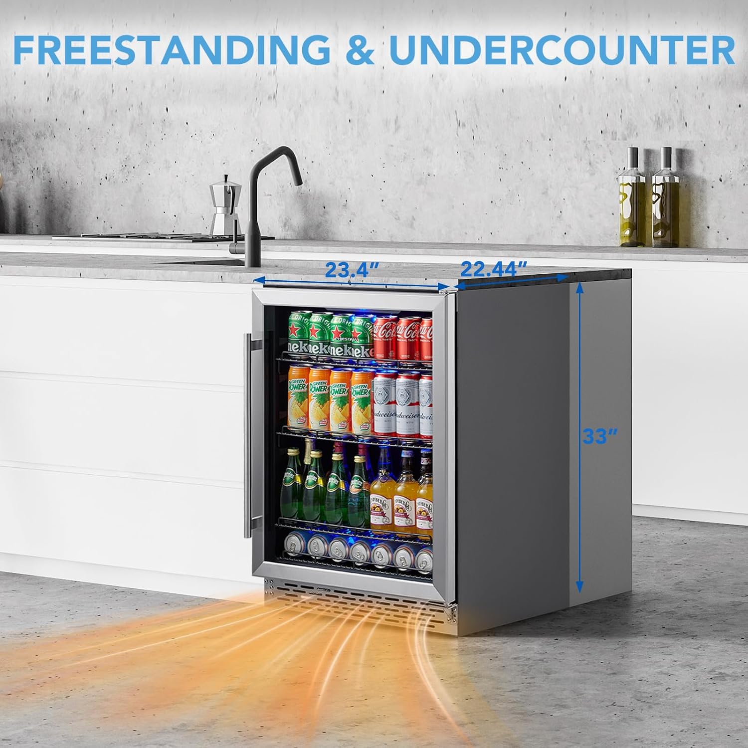 24 inch Beverage Cooler Refrigerator, 170 Cans Freestanding/Built in Dual Zone Beverage Fridge Glass Door for Home Kitchen