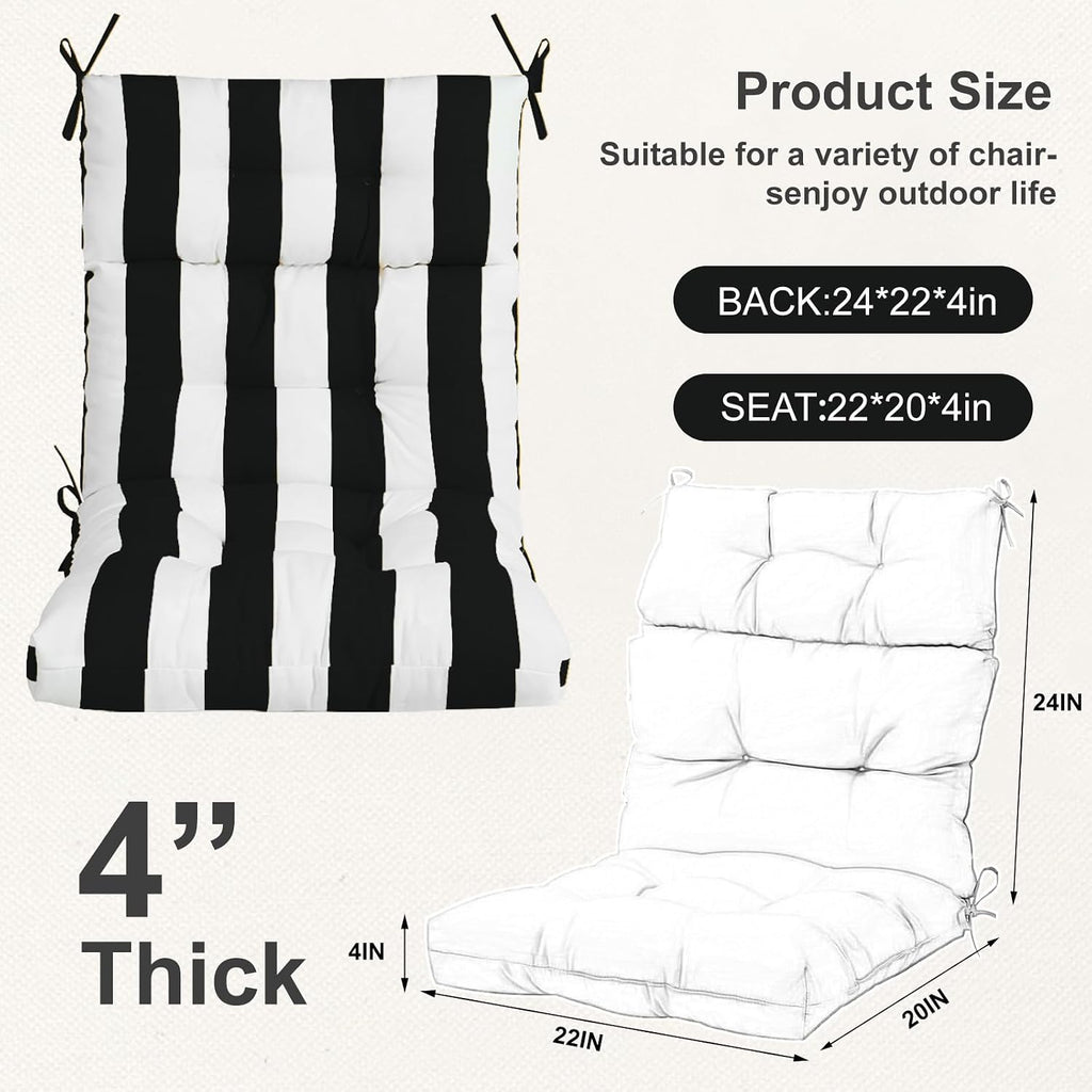 Outdoor High Back Chair Cushions 2-Pack, 44'x22'x 4' Fade-Resistant Waterproof Tufted Pads with Ties for Patio Rocking & Adirondack Chairs (Black White)