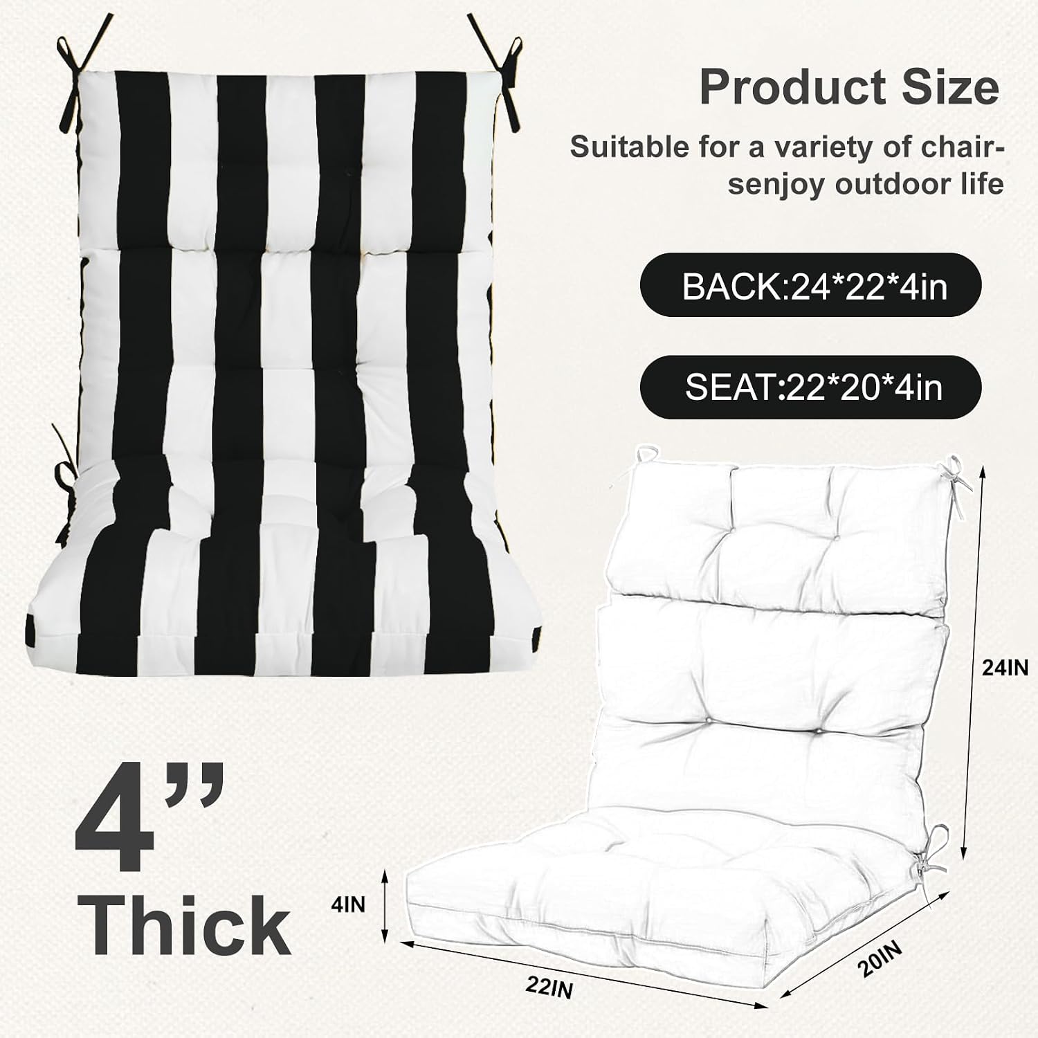 Outdoor High Back Chair Cushions 2-Pack, 44'x22'x 4' Fade-Resistant Waterproof Tufted Pads with Ties for Patio Rocking & Adirondack Chairs (Black White)