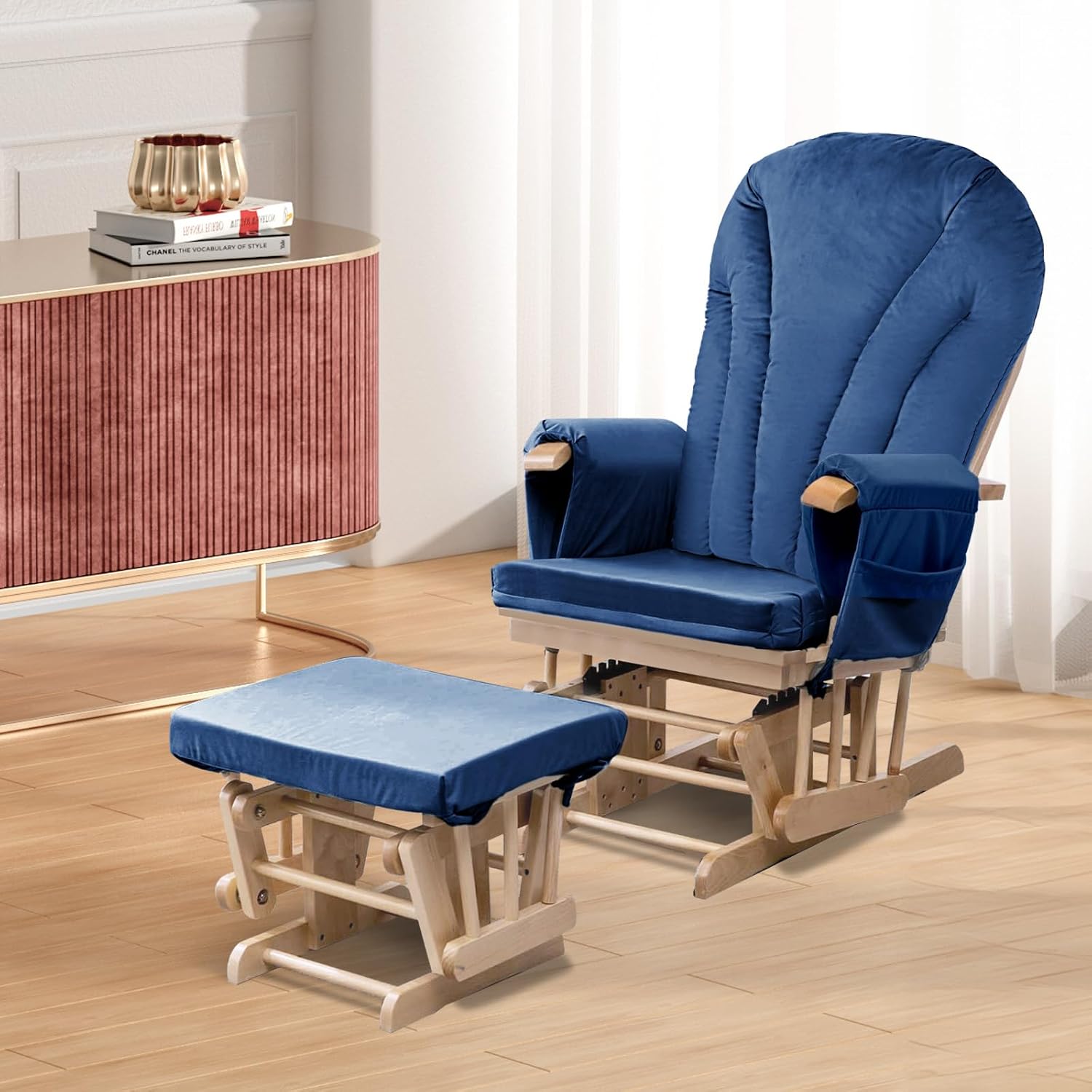 ANMINY 5pcs Glider Rocker Replacement Cushions Set - Thickened Velvet Glider Rocking Chair Cushions with 29 inch High Backrest & Side Pockets for Indoor Nursery, Washable & Non Slip, Blue