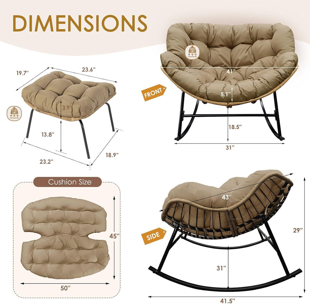 NICESOUL Patio Egg Rocking Chair Set of 2 with Cushions, Indoor Outdoor Oversized Papasan Rockers with Ottoman, 450Lbs Heavy Duty Double Recliner Glider Loung Chairs for Porch Balcony, Brown