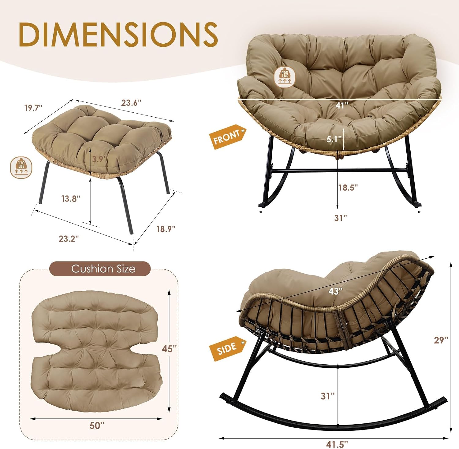 NICESOUL Patio Egg Rocking Chair Set of 2 with Cushions, Indoor Outdoor Oversized Papasan Rockers with Ottoman, 450Lbs Heavy Duty Double Recliner Glider Loung Chairs for Porch Balcony, Brown