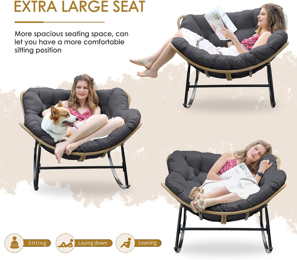 NICESOUL Indoor Outdoor Double Padded Rocking Chair with Cushion, Oversized Patio Papasan Rocker, 450Lbs Capacity Heavy Duty Comfy Egg Glider, 2 Person Wide Cozy Recliner Lounge Chair, Grey