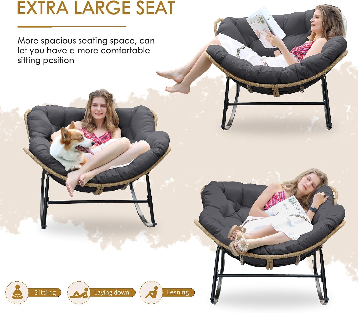 NICESOUL Indoor Outdoor Double Padded Rocking Chair with Cushion, Oversized Patio Papasan Rocker, 450Lbs Capacity Heavy Duty Comfy Egg Glider, 2 Person Wide Cozy Recliner Lounge Chair, Grey