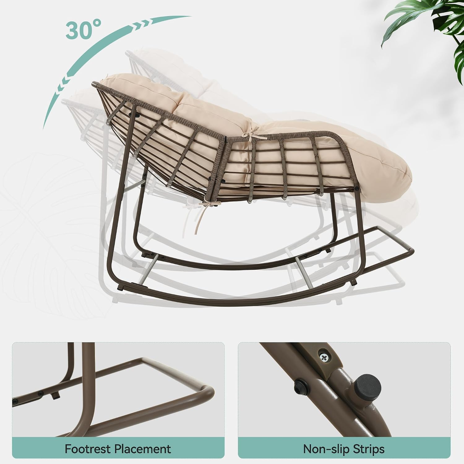 YITAHOME Rocking Papasan Chair, Wide Rocking Chair, Comfy Indoor and Outdoor Lounge Chair with Thick Cushion for Bedroom, Living Room, Patio, Porch, Garden, Deck, Lawn (Beige)