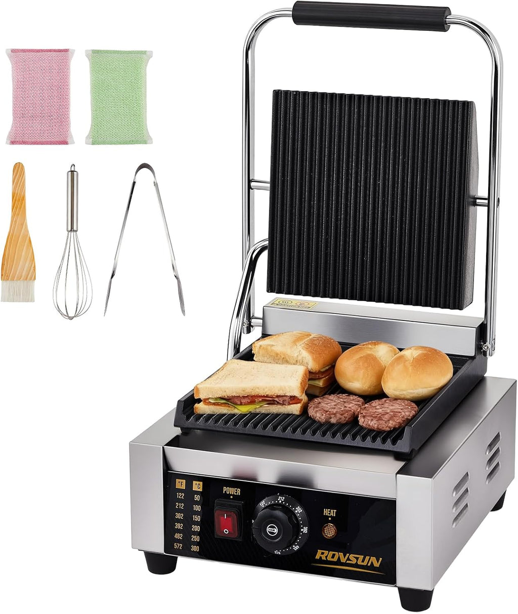 ROVSUN 811 Commercial Panini Press Grill, 1800W Stainless Steel Electric Countertop Sandwich Maker with Adjustable Temp 122°F–572°F, For Steak, Burgers, Home & Restaurant Use, 110V, Silver