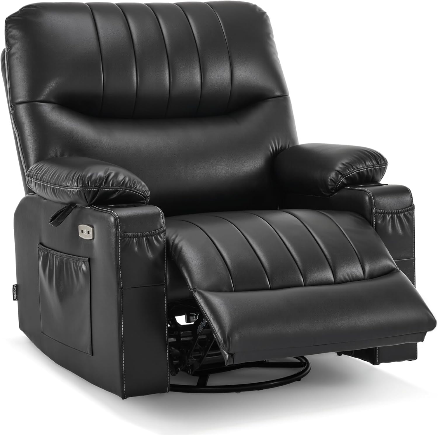 MCombo Oversized Swivel Glider Rocker Power Recliner Chair for Living Room with Heat and Vibration Massage, USB Ports, Cup Holders and Pockets, Faux Leather 7785 (Black)