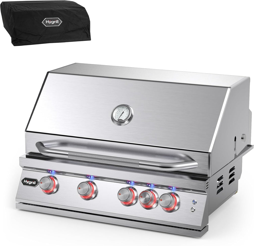 Hygrill Premium XTR 32-Inch Built In Grill, Stainless Steel 4-Burner Grill Head for Outdoor Kitchen with Rear Infrared Burner and LED Lights, Liquid Propane
