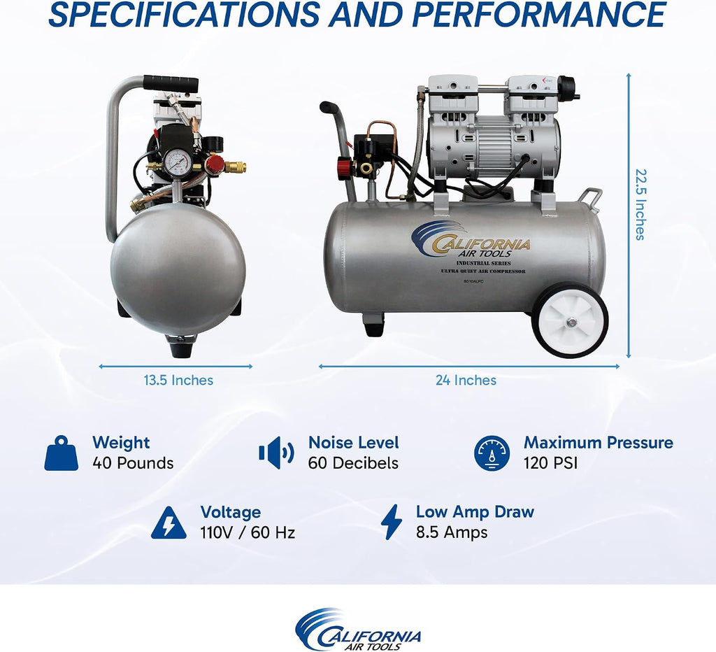 California Air Tools 8010ALFC 1.0 HP Ultra Quiet and Oil-Free Air Compressor, 8 Gallon Aluminum Tank, Lightweight with Wheels, 60 dBA Noise Level, Industrial Series